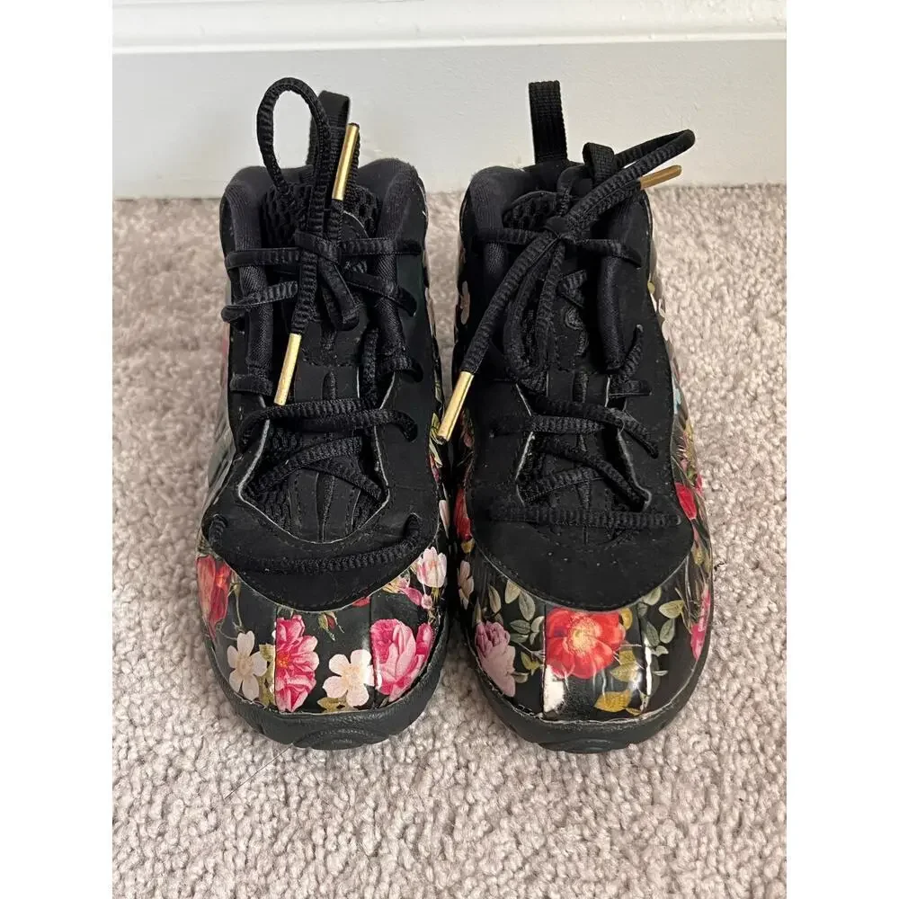 Nike Air Foamposite One Floral Lace-Up Sneakers Black/Black-Metallic Gold 10C